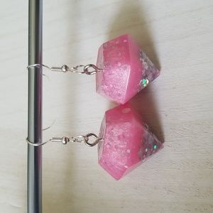Pink Gem and Silver Holographic Glitter Earrings